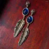 Pendientes de tuerca para mujer, colgante de gota de pluma geométrica larga de cristal azul, accesorios de joyería colgantes, regalo