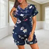 Ropa de dormir para mujer, conjunto de pijama con estampado Floral para mujer, camisa Sexy de satén con cuello en V, ropa de dormir de manga corta, ropa de casa 4