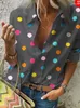 T-shirts Femmes Casual Dot Imprimé Pull Chemise Pour Femmes 2023 Printemps Automne Manches Longues Revers Bureau Dame Lâche Tosp Femmes