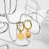 Hoop Earrings Gold Plated Stainless Steel Ear Buckle For Women Round Disc Carving Pattern Pendant Girls