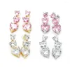 Stud Earrings Pink Zircon Heart 18K Gold Plated Pendant Three Fashion Jewelry Wholesale