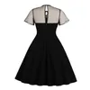 Casual Dresses Plus Size Black Mesh Bow Neck Party Dress Women Office A Line Retro Vintage Fit And Flare Ladies Elegant Tunic Midi