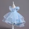 Kız Elbiseleri Her Yeni Varış Kızlar Zarif Çiçek Kollu Dantel Prenses Elbise Yaz Çocuk Giyim Çocuk Kek Elbiseleri Parti Dres Z0223