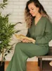 Women's Sleepwear Khaki Pure Cotton Sleepwear V Neck Single Breasted Wide Leg Pants Trouser Suits Drop Sleeves Set Woman 2 Pieces Loungewear 230223