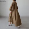 Casual Dresses Retro Solid Maxi Dress Womens Autumn Sundress ZANZEA Puff Sleeve Baggy Vestidos Female V Neck Robe Oversized 230223