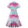 Abiti casual Orlo arricciato Elegante corto Ufficio OL Party Vestito da donna Tie Dye Manica stampata floreale Estate Retro Vintage Taglie forti