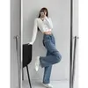Женские джинсы Европейский американский стиль острый девушки Диагональный шва, сшивая старые разорванные весенние осенние брюки с прямым цилиндром 230223