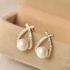 Dangle Earrings 14K Real Gold Plating Korean Exquisite Small Cross Pearl Fashion Girls Unusual Accessories Ladies Luxury Jewelry