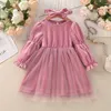 Sukienki dla dziewczynek Pink Velvet Long Rleeve Sukienka dla dziewczyn Baby Fall Winter Ubrania 2023 Solidny kolor Tiul Patchwork Princess Christmas