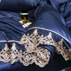 Kraliyet mavisi taklit ipek yatak takımları kral kraliçe dantel nakış düz renk yumuşak saten yatak klothes yorgan yatak tabakası yastık kılıfları ev tekstil