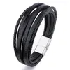 Charm Bracelets Multilayer Black Brown Magnetic Buckle Trendy Men Leather Bracelet For Armband Hand-woven Magnet Retro Gift Man