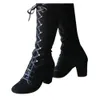 Boots Black boot Shoes knee high Women Casual Vintage Retro Mid-Calf Lace Up Thick Heels 230223