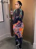 Casual jurken hugcitar print lange mouwen grafisch patchwork sexy slanke maxi prom jurk herfst dames streetwear feest y2k kleding 230223