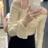 Kadınlar bluz gömlekleri shinozi fransız nazik rüzgar çift örgü ipliği tek satır omuz katlı peri üst göster ince kısa stil tshirt fem 230223