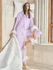 Damen-Nachtwäsche, einfarbige Nachtwäsche, Damen-Robe mit Federn, einreihig, Umlegekragen, Damen-Schlafanzug-Set, Satin-Pyjama-Sets 230223