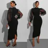 Casual Dresses Puff Long Sleeve BodyCon Midi Dress Women High Neck Sexig Clubwear Split Pencil Black Slim Women's Party 2023 Robe