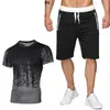 メンズトラックスーツサマーソリッドカラー3Dデジタルグラディエント印刷高品質の男性Tシャツ230222