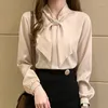 Women's Blouses Office Loose White Satin Blouse Women Casual Bow Chiffon Shirt Clothing Fashion Puff Long Sleeve Tops Chemise Femme 16511