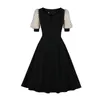 Casual Dresses Gothic Black Women Dress Puff Sleeve Short Party Swing 50s 60s Retro Office Button Front Rockabilly Femme
