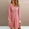 Casual Dresses Women Dress Single-Breasted Packet Loose Hem Kne Len längd O-Neck Långärmning Simple Tunic Streetwear