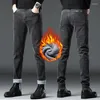 Mäns jeans Casual Men's Winter Fleece Korean Stretch Cotton Thermal Warm Slim Fit Denim Pants for Man