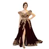 Eleganckie arabskie kaftan wieczorne sukienki Przez przód Burgundowy aksamitne A-line formalne okazje Suknie Złote Koronkowe Kryształki Kacid Długie Kaftan Dubai Sukienka balowa