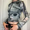 T-shirts pour femmes Automne T-shirt Euro American Cross Border Commerce extérieur Ins Personnalité Street Eye Print Slim Mesh