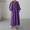 Casual Dresses Retro Solid Maxi Dress Womens Autumn Sundress ZANZEA Puff Sleeve Baggy Vestidos Female V Neck Robe Oversized 230223