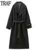 Giacche da donna TRAF Cappotto nero Donna Inverno 2023 Elegante finta pelle di pecora lunga da donna con maniche a cintura da donna in capispalla 230223