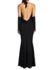 Casual Dresses Halter Long Dress Women Sexig Swinging Collar Off Shoulder Sleeve High midje Party Clubwear Lady Solid Elegant klänning till och med 230223