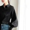 Women's Blouses Shirts Autumn Winter Women Blouse Shirts Big Lantern Sleeve Blouse Stand Collar Shirts Office Work Long Sleeve White Blouse Solid 230223