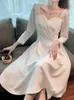 Casual Dresses Fashion Elegant Casual Midi Women Autumn White Dress Vintage Slim A-Line Party Black Vestidos Femme French Style Prom Clothes 230223