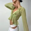 Women's T Shirts Edge Tie V-Neck Long-Sleeved Sheer Gauze Sexy Crop Top Women'S Solid Color Summer T-Shirt Skinny Tees Streetwear