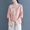 Etniska kläder 2023 Kinesisk stil Kvinnor Elegant blus Bomull och linne Tungt broderi Buckle Design Vintage Casual Daily Hanfu Top