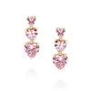 Stud Earrings Pink Zircon Heart 18K Gold Plated Pendant Three Fashion Jewelry Wholesale