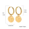 Hoop Earrings Gold Plated Stainless Steel Ear Buckle For Women Round Disc Carving Pattern Pendant Girls