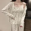 Women's Sleepwear Harajpee pijama de três peças impressão Cardigan Camisole com calças de peito calças caseiras primavera feminina Mori Girl Style 230223