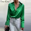 Women's Blouses Shirts Satin Elegant Women Shirt Green Button Up Lapel Loose Office Ladies Shirts Top Spring Summer Long Sleeve Blouse Tops 230223