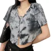 Women's T Shirts Women's Tie Dye Crop Tops Sexy V Neck Short Sleeve Slim Fit Ribbed Knit T-Shirts Single Breasted Opening