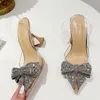 Klänningskor Liyke Fashion Crystal Sequined Bowknot Women Pumps Sexig Point Toe High Heels Wedding Prom Shoes Pvc Transparent Sandals 230223