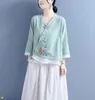 Kvinnors blusar 2023 Autumn Chinese Style Thin Vintage Shirts Woman Nine Quarter Sleeve Floral Brodery Cotton Linen Tops