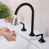 Grifos para lavabo de baño, manija doble, grifo de lavabo de 3 orificios, juego de piezas de latón macizo dividido en oro cepillado, bañera gris pistola