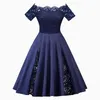 Casual jurken plus maat off schouder kanten paneel jurk vrouwen lente zomerpin omhoog vintage rockabilly solide a-line feestvestidos