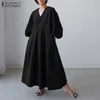 Casual Dresses Retro Solid Maxi Dress Womens Autumn Sundress ZANZEA Puff Sleeve Baggy Vestidos Female V Neck Robe Oversized 230223