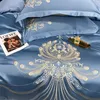 Sängkläder sätter blå satin bomull lapptäcke täcke täcke set 4 st lyx guld fjäder broderi sängäcke lakan kuddar hemtextil