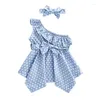 Kledingsets Toddle Girls 'jurk mooie pakken zomer casual stippen bedrukte schuine schouders ruches onregelmatige zoom met riem haarband