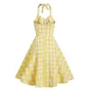 Casual Dresses Yellow Plaid Print Vintage Dress England Halter Women Party Backless Elegant Hepburn 50s Rockabilly Feminino Vestidos