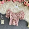 Women's Blouses French Floral Chiffon Short Shirts 2023 Summer Fashion Women Flower Print V-Neck Pleated Blouse Puff Sleeve Casual Tops