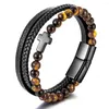 Strand Qingwen rostfritt stål Natural Tiger Eye Agate Stone Cross Armband Men Titanium Multilayer flätat läder