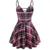 Casual Kleider Vintage Frauen Plaid Plunge Vordere Leiter Cut Skater Kleid Spaghetti Strap Urlaub Mode Party Femme 2023